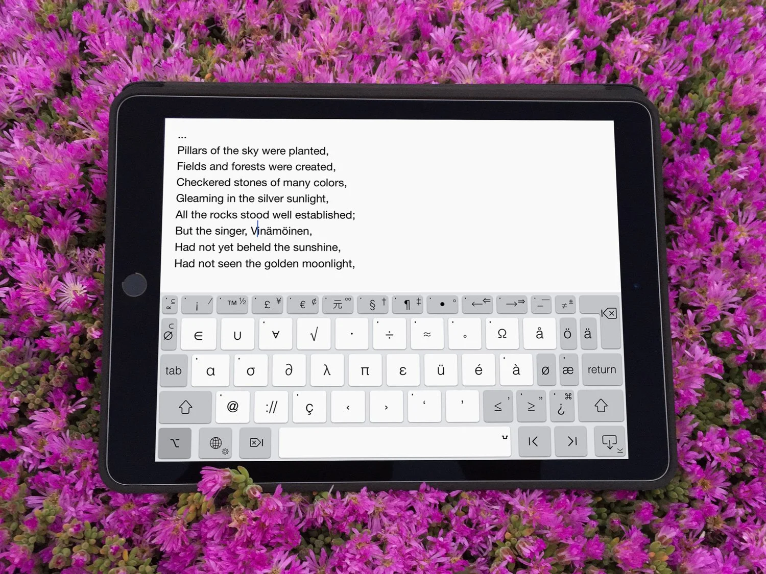 Typefinity keyboard shown on an iPad, surrounded by flowers.