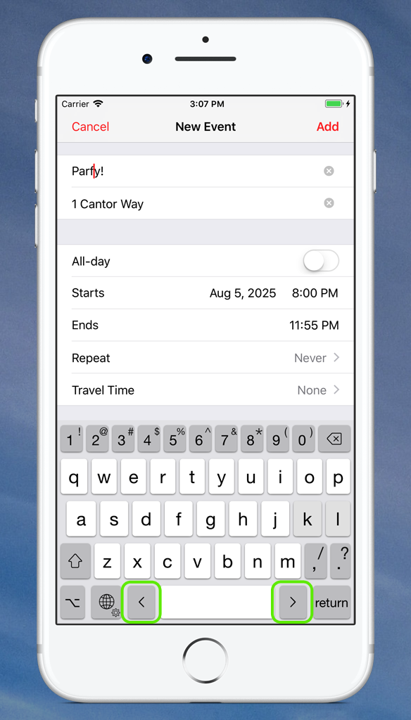 Typefinity makes entering calendar events easy with number, punctuation, and symbol keys on one layout.
