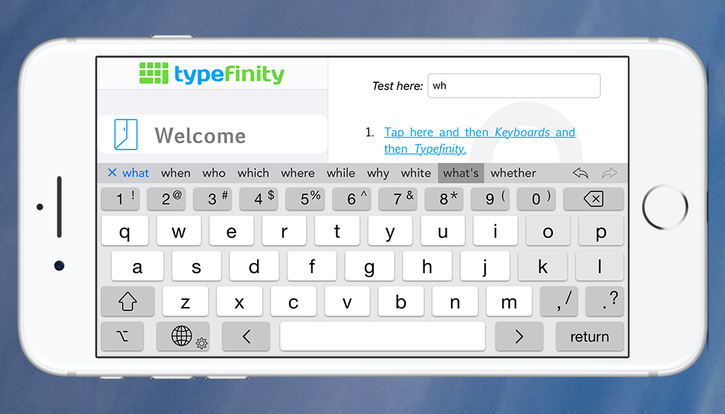 Typefinity uses the full screen width to display word suggestions — three isn't enough!